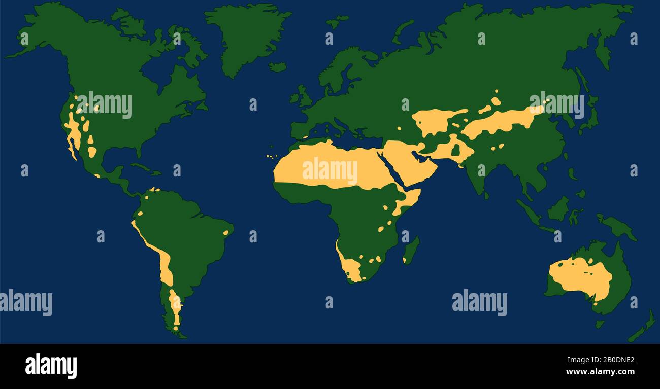 Weltkarte mit den Wüsten Sahara, Gobi, Kalahari, Arabian, Patagonian und Great Basin Desert. Diagramm mit gelber Dürrezone Stockfoto