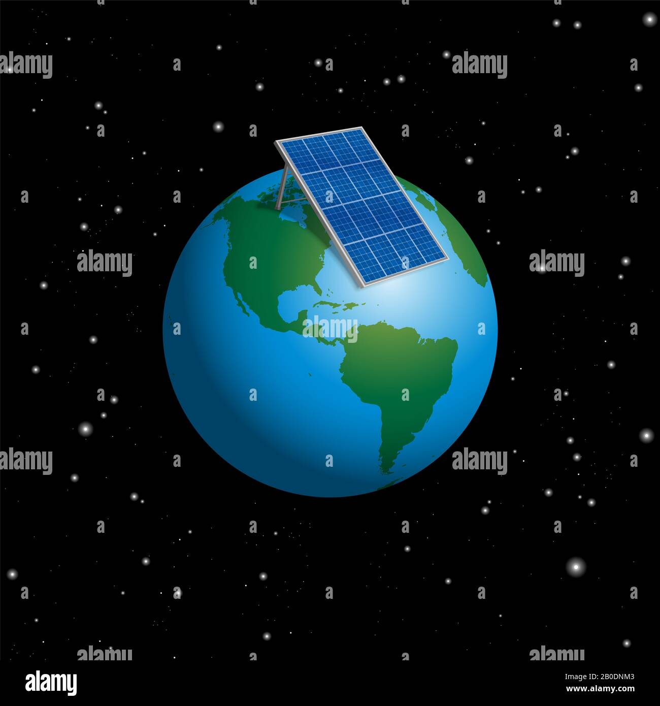 Planet Erde mit Sonnenkollektor oder Fotovoltaikanlage zur Versorgung der ganzen Welt mit Strom - 3D-Abbildung auf schwarzem Hintergrund. Stockfoto