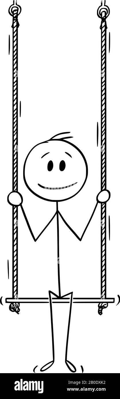 Vector Cartoon Stick Figure Zeichnung konzeptuelle Illustration von Mann oder Geschäftsmann sitzen auf Swing. Stock Vektor