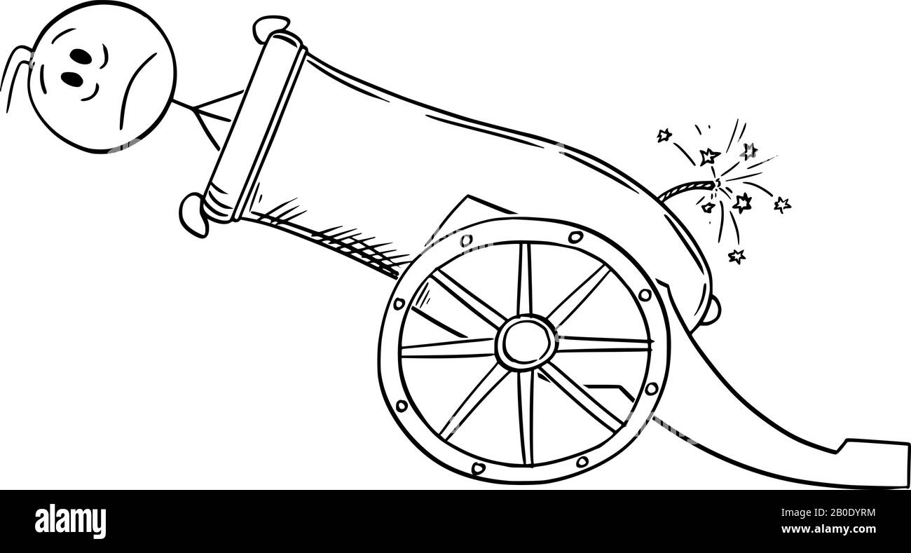 Vector Cartoon Stick Figur Zeichnung konzeptuelle Illustration von Mann oder Geschäftsmann geladen in großen Kanone oder Artillerie-Pistole bereit zum Feuer. Stock Vektor