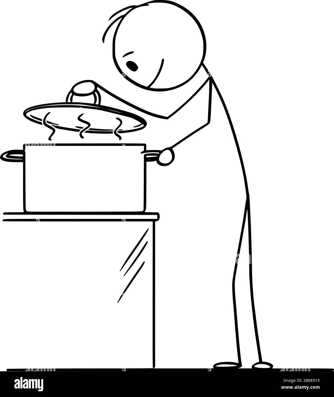 Vector Cartoon Stick Figure Zeichnung konzeptuelle Illustration von hungrigen neugierigen Menschen oder Koch auf der Suche nach heißer Nahrung in der Kochtopf. Stock Vektor
