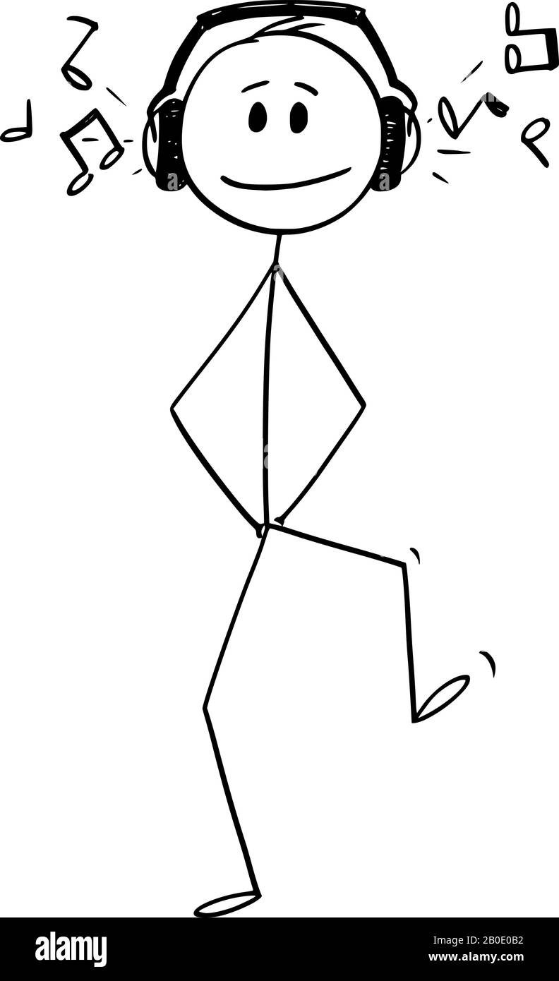 Vector Cartoon Stick Figure konzeptionelle Illustration von Happy man Walking mit großen Kopfhörern und Hörmusik. Stock Vektor