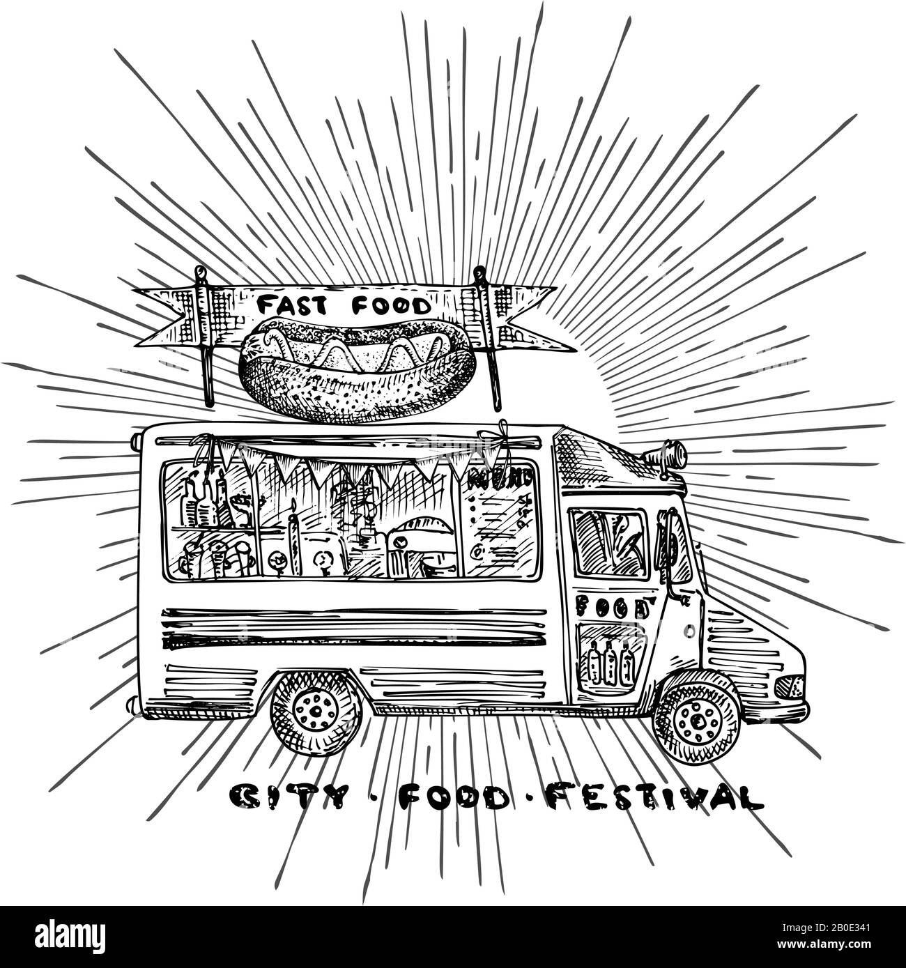 Retro-Hiphster-Poster mit handgezogenem Food-Truck in Sonnenschein isoliert auf weißem Hintergrund. Oldtimer Skizze Transportwagen Gute Idee für Schwarzen Brett Stock Vektor