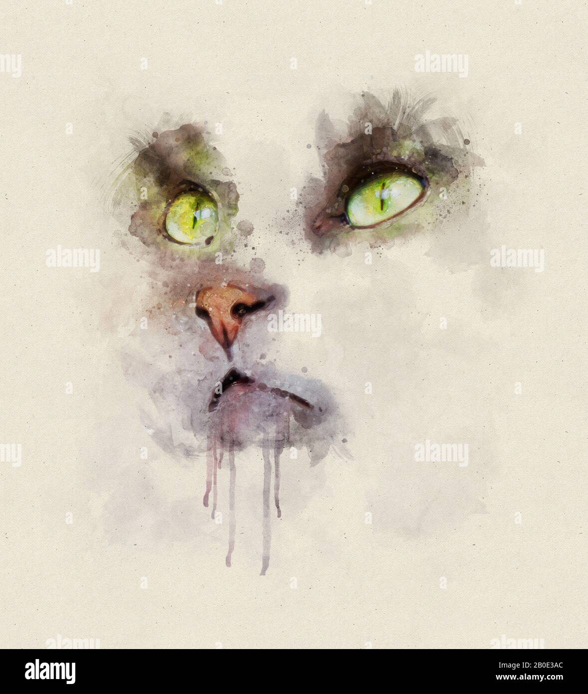 Aquarell Portrait Illustration einer Hauskatze mit grünen Augen Stockfoto