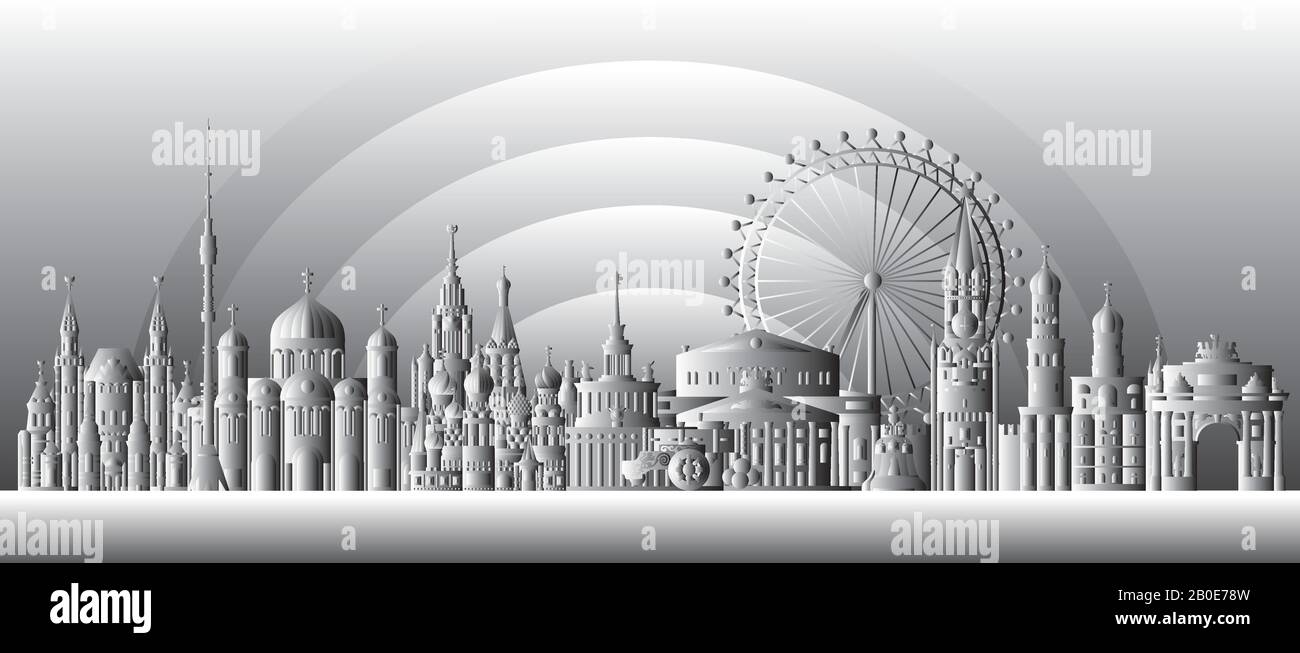 Horizontale Moskauer Reiseillustration mit architektonischen Sehenswürdigkeiten. Weltweites Reisekonzept. Skyline der Stadt Moskau in schwarz-weißer Gradientenfarbe Stock Vektor