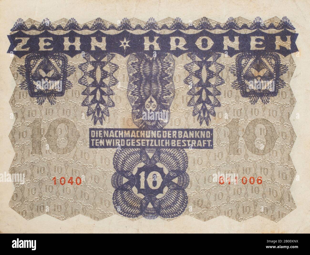 Die Rückseite einer österreichischen Banknote von 1922, 10 Kronen Stockfoto