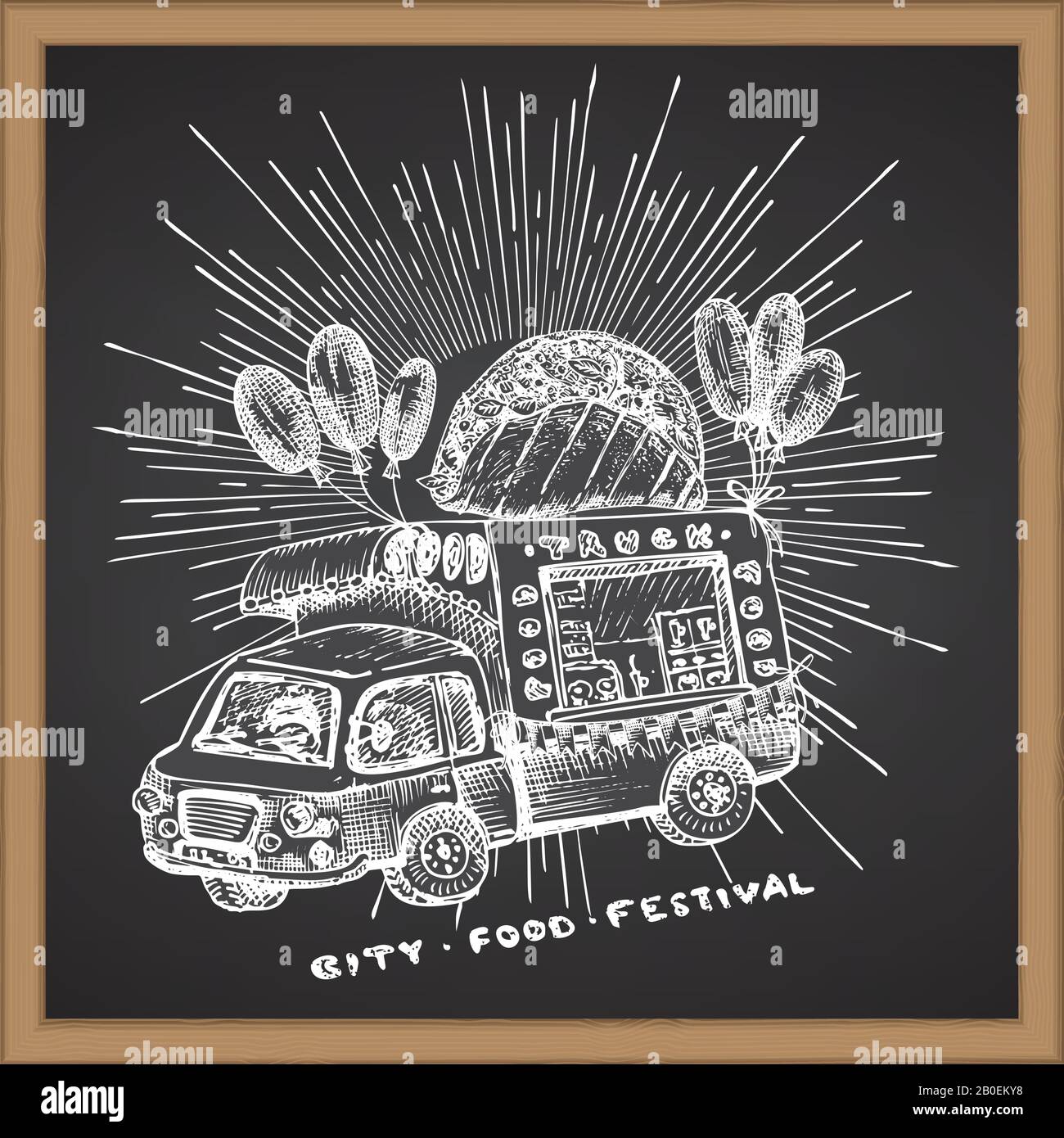 Retro-Hiphster-Poster mit handgezogenem Food-Truck in Sonnenschein isoliert auf Kreidebretthintergrund. Oldtimer Skizze Transportwagen Gute Idee für Schwarzen Brett Stock Vektor