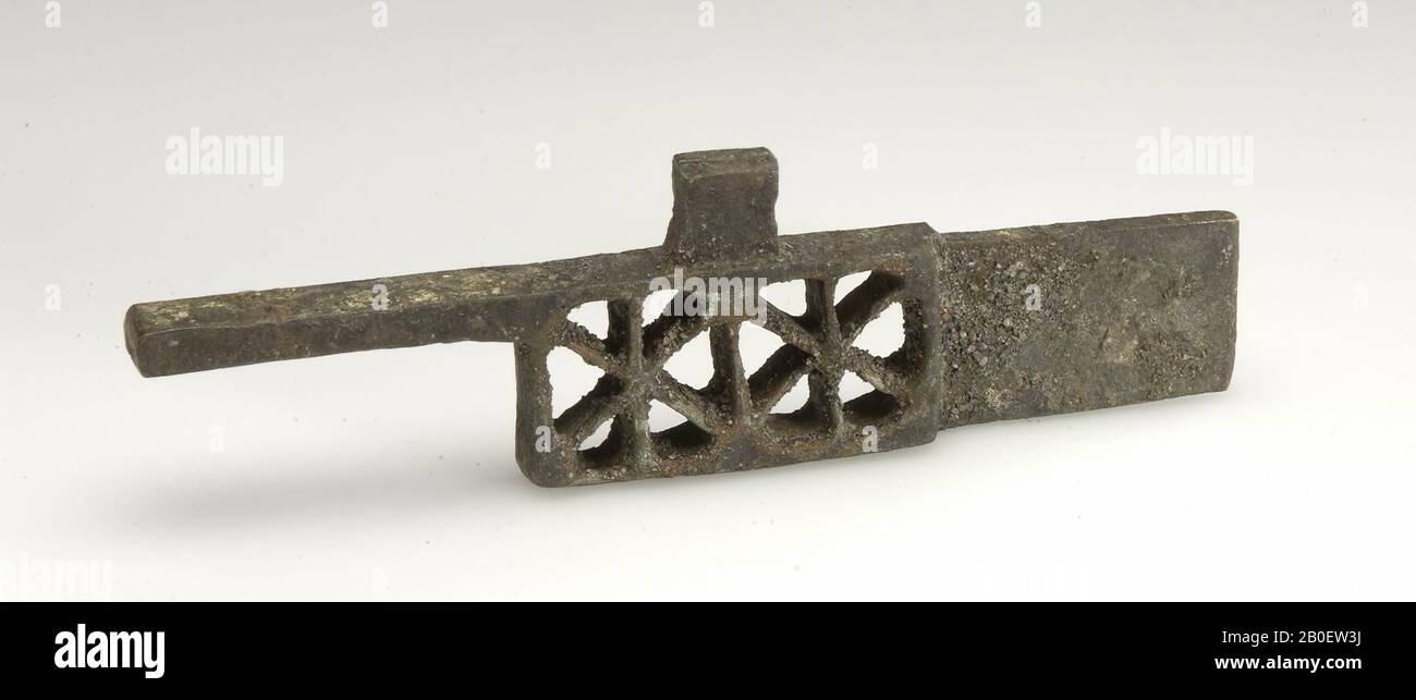 Bronzenes Objekt, Warnung. Eine Regel einer bronzenen Schleuse., Schloss, Schuss, Metall, Bronze, Länge: 11,7 cm, roman 1-300 AD, Niederlande, Utrechter, Vianen, Hagestein, Lek Stockfoto