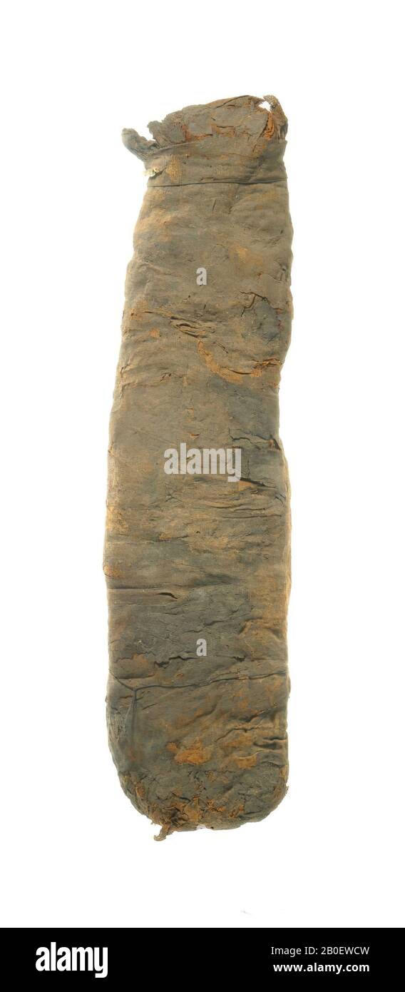 Katz-, Katzen-Mama mit abgeflachtem Körper und hervorstehendem Kopf. Das Tier liegt auf der rechten Seite, die etwas abgeflacht und weniger dunkel ist als das andere. Der Kopf wurde bei einem Unfall in den 1980er Jahren beschädigt. Dadurch fehlt nun ein Teil des Leinens und der Schädel ist vollständig zerquetscht. Die beiden Kiefernhälften sind erhalten geblieben, und es gibt nicht mehr als einen Molar, die anderen Zähne haben Knochen verloren Ante mortem und die Hohlräume geschlossen. Sowohl Kopf als auch Körper haben scheinbar in konzentrische Binden gewickelte Beine, die spiralförmig vom Kopf bis zum Körper aufgetragen wurden. Es ist verfallen Stockfoto