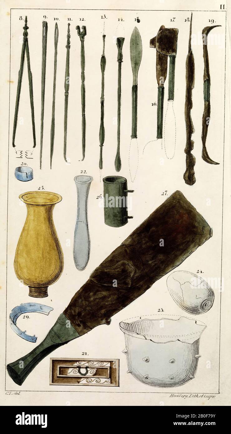 Glasbalsamarium, sehr spät, in zwei Stücke (danach geklebt), Geschirr, Balsamarium, Glas, Höhe: 8,8 cm, roman 100-300, Niederlande, Gelderland, Nijmegen, Nijmegen, Hunnerberg Stockfoto