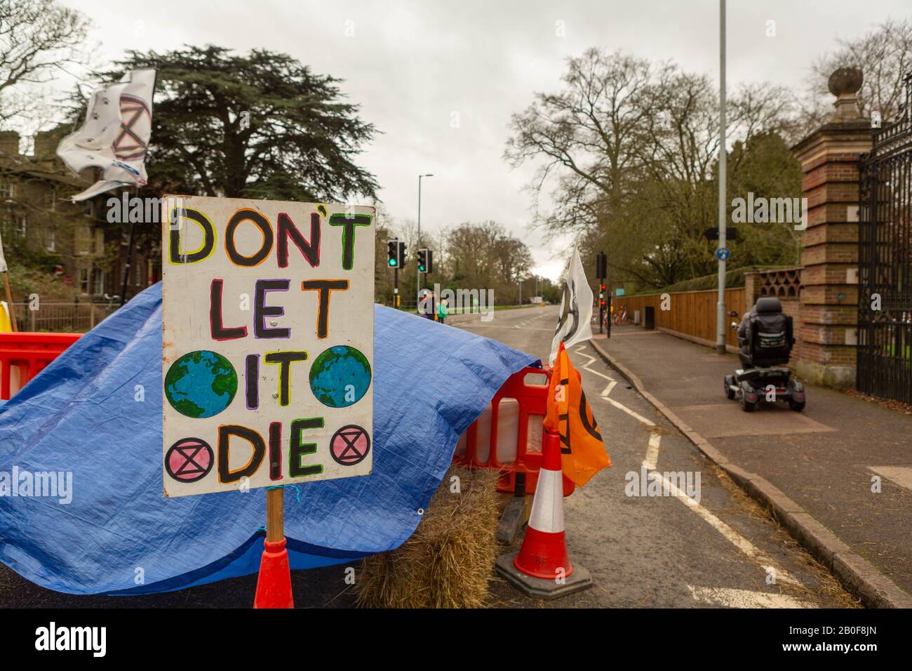 Cambridge, Großbritannien. Februar 2020. Umweltaktivisten von Extinction Rebellion veranstalten auf der Trumpington Road, Cambridge, einen Protest am Straßenrand mit einem prominenten Schild „DON’T LET IT DIE“ mit Abbildungen der Erde, Heuballen, Verkehrskegeln, Flaggen und einer blauen Plane. Ein Benutzer eines Mobilitätsrollers kommt vorbei und hebt die Zugänglichkeit und das Engagement der Öffentlichkeit hervor. Penelope Barritt/Alamy Live News Stockfoto