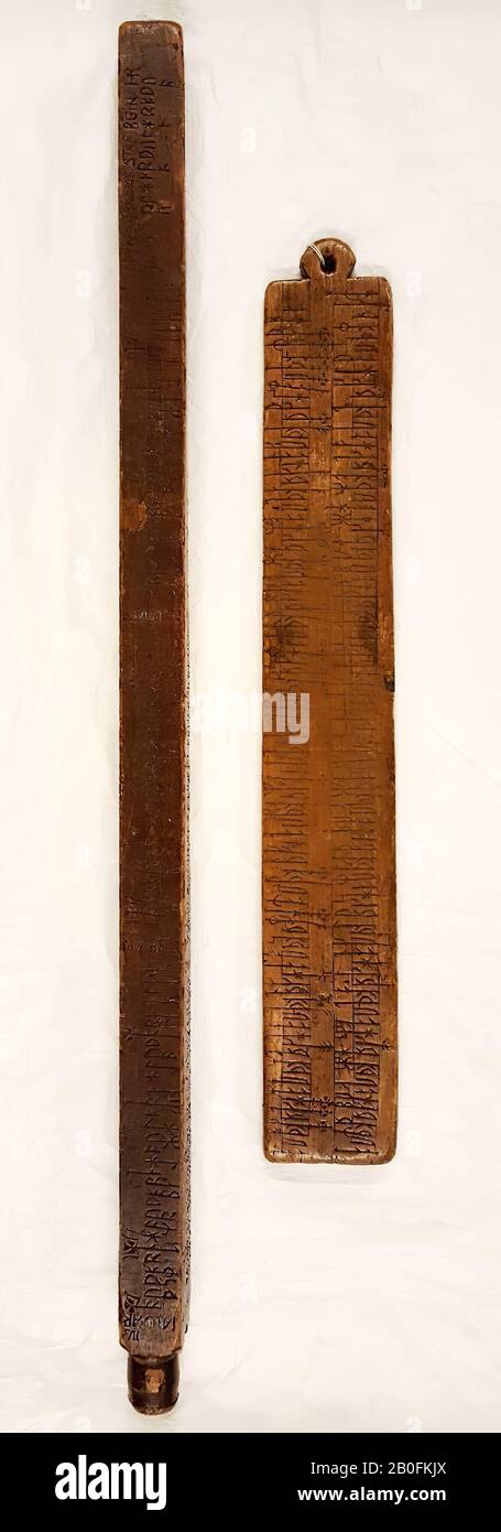 Altes Europa, Runenkalender mit Holzauge, Bio, Holz, 56,2 x 8,3 cm, lme, Schweden Stockfoto