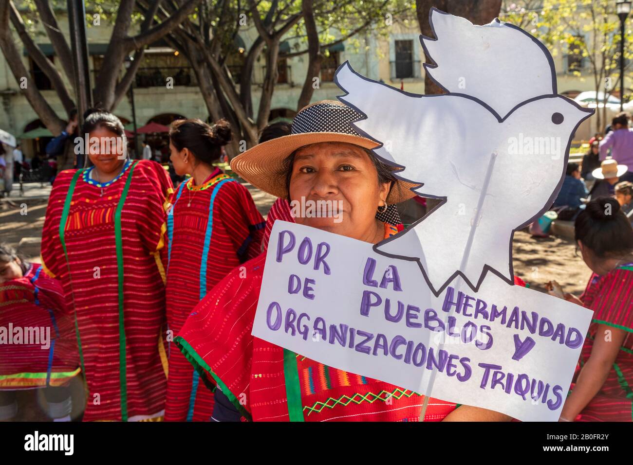 Oaxaca, Mexiko - Mitglieder der Triqui-Volksgruppe versammeln sich auf dem zentralen Platz der Landeshauptstadt. Das Gebiet des westlichen Oaxaca, in dem sie leben, ist eines von Stockfoto