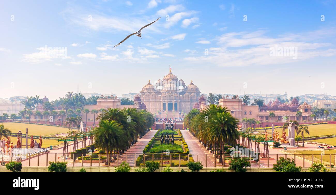Swaminarayan Akshardham Complex in Dehli, Indien, mit vollem Blick Stockfoto