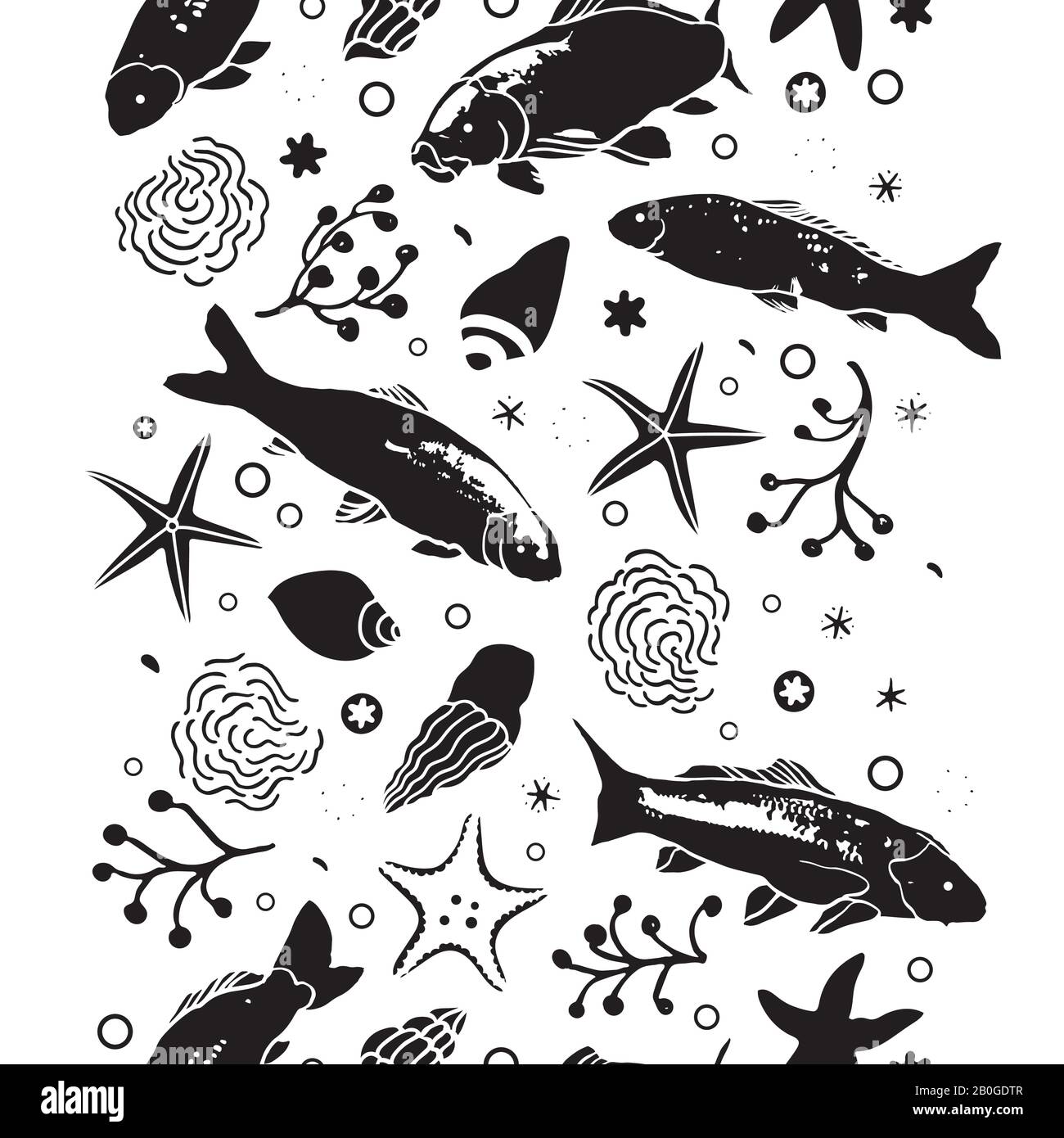 SeaLife Linokut style schwarz-weiß, verctische Grenze mit Fisch, Seestern, Algen und Wellen. Strandmuster im Sommer. Oberflächenmuster. Stock Vektor