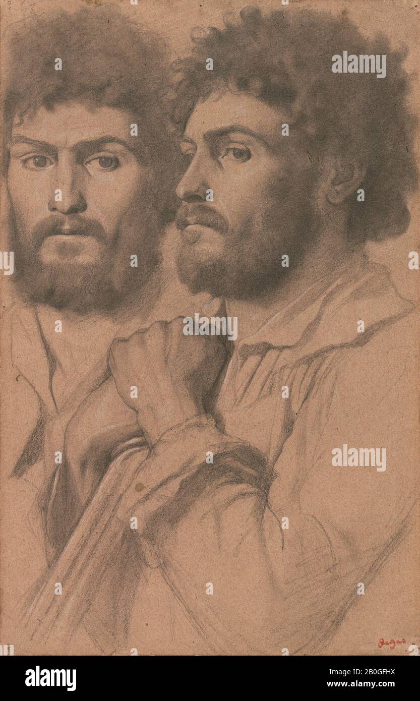 Hilaire-Germain-Edgar Degas, Französisch, 1834-1917, Zwei Portraitstudien eines Mannes, c 1856-57, Graphit mit einer weißen Kreideberührung auf pinkfarbenem Taubpapier, 17 1/2 x 11 3/8 Zoll. (44,4 x 28,9 cm Stockfoto