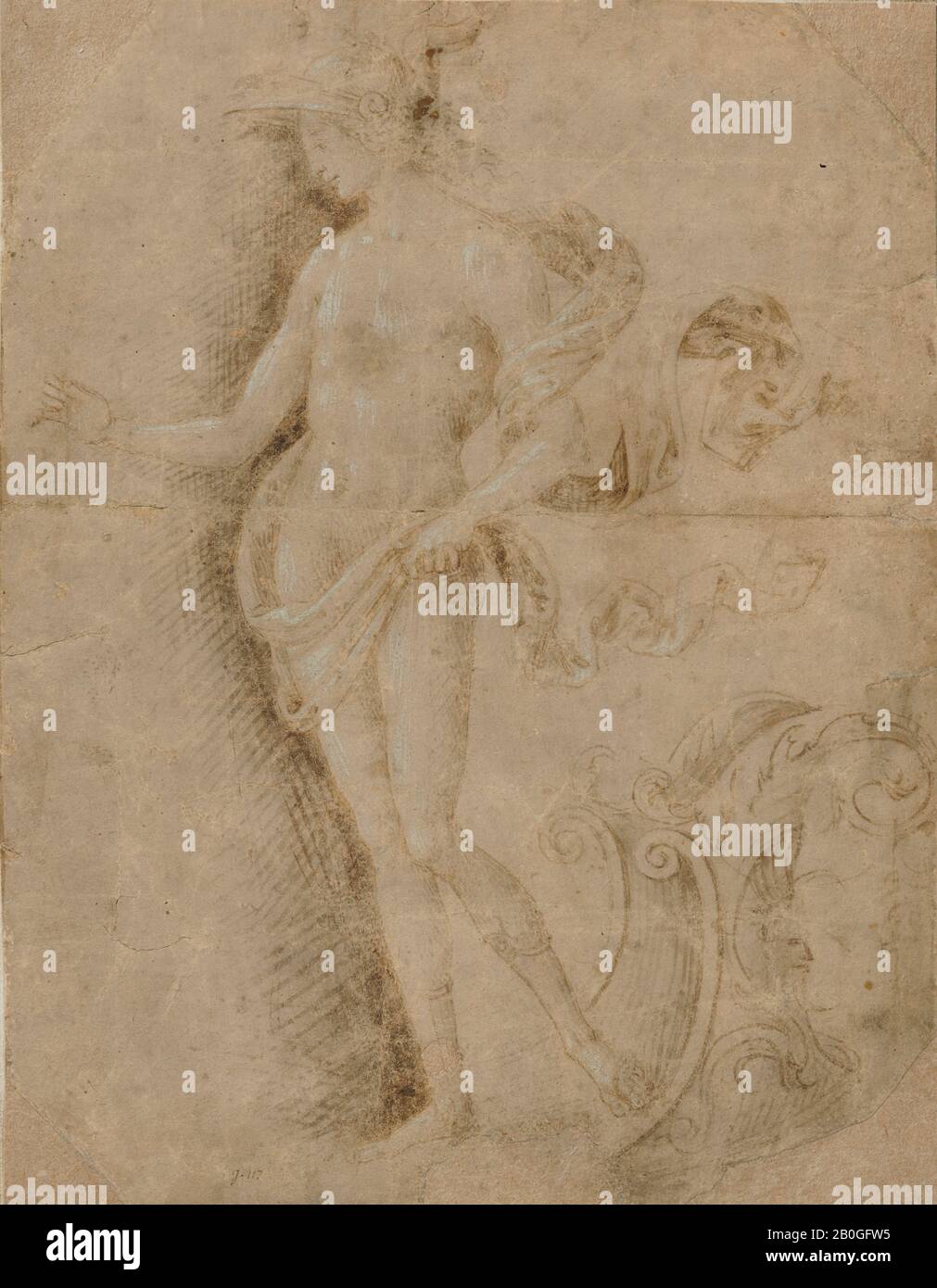 Nach Perugino (Pietro di Cristoforo Vannucci), italienische Küche, 1450-1523, Merkur, 1466-1600, Metalpoint, Bürste und graue Tinte, verstärkt mit weißer, auf hellgraubraun zubereitetem Papier, Gesamt: 9 1/4 x 7 3/16 Zoll. (23,5 x 18,3 cm Stockfoto