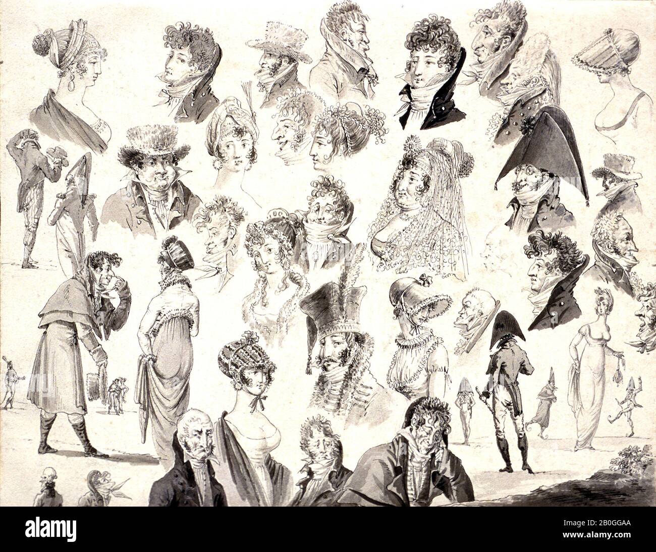 Jean-Baptiste Isiley, Französisch, 1767-1855, Blatt für Karikaturen, 77-5, Stift und graue Tinte, Bürste und graue Tinte, auf cremefarbenem Taubpapier, Gesamt: 9 3/8 x 11 7/8 Zoll (23,8 x 30,1 cm Stockfoto