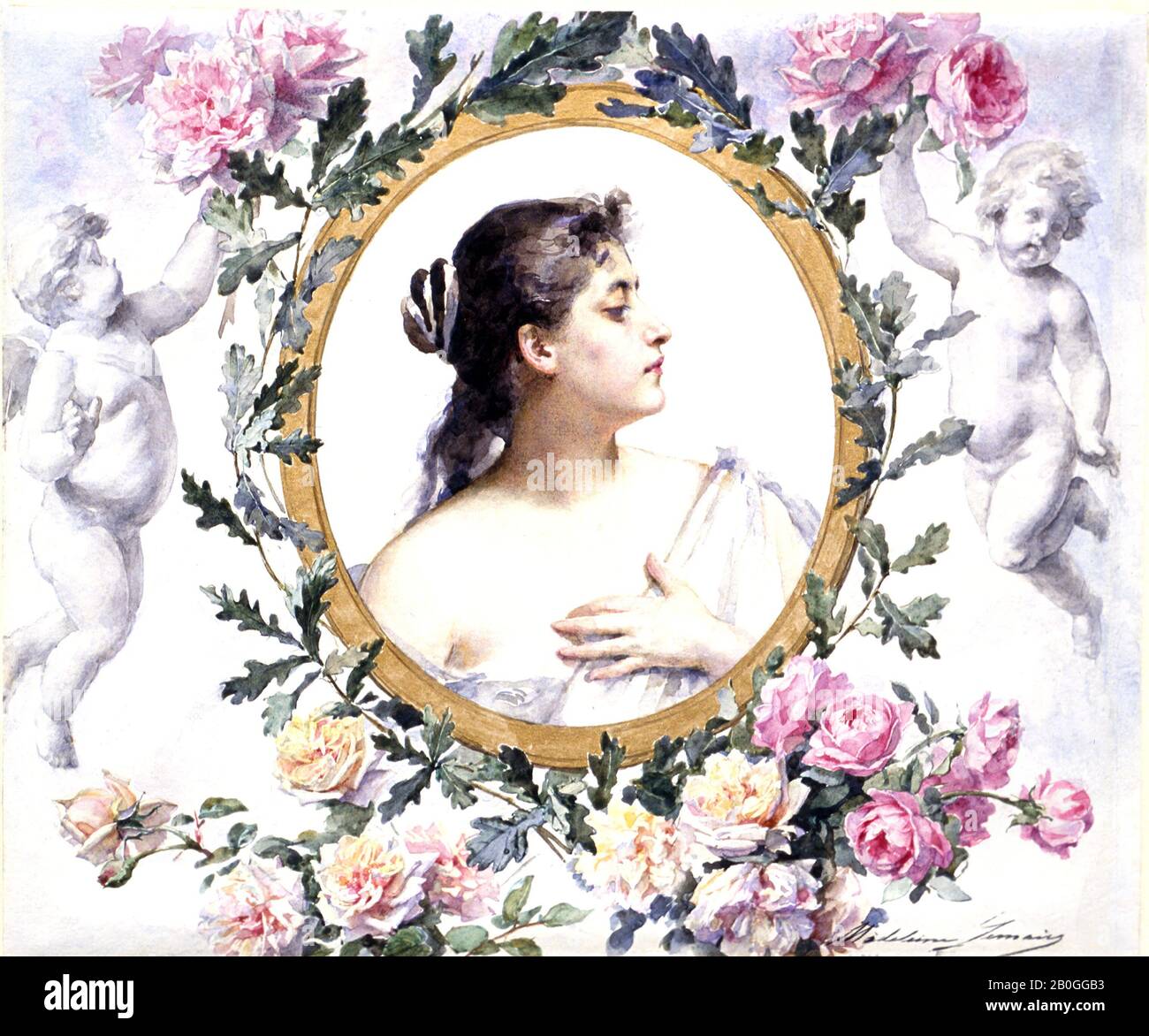 Madeleine Jeanne Lemaire, Französisch, 25-28, Büste einer Dame, 55-28, Aquarell und Bleistift auf Taubpapier, Gesamt: 10 1/4 x 12 5/16 Zoll. (26,1 x 31,2 cm Stockfoto