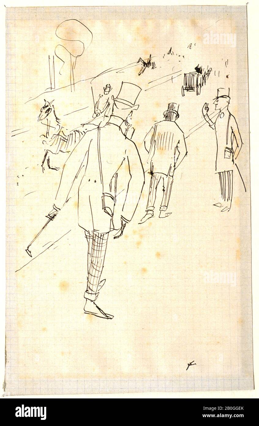 Jean Louis Forain, Französisch, zwischen 1858-1931, Avenue im Boulogne, ca. 1890, Stift und schwarze Tinte auf dünnem Papier, quadratisch mit gedruckten blauen Linien, Gesamt: 8 3/16 x 5 3/16 Zoll (20,8 x 13,2 cm Stockfoto