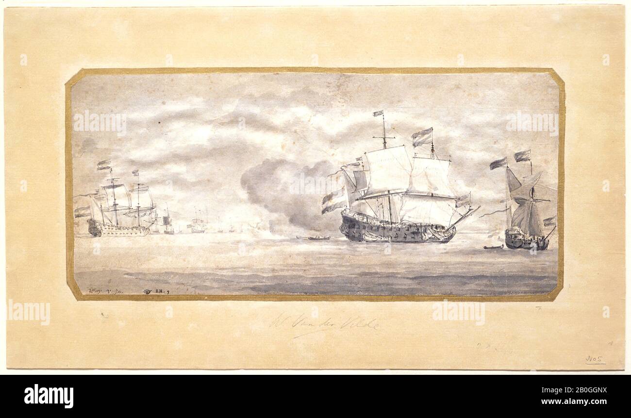 Willem van de Velde II., niederländisch, 1633-1707, holländische Kriegsmänner, 1643-1707, Stift und graue und schwarze Tinte und graue Wäsche auf Papier, Gesamt: 6 1/4 x 13 7/16 Zoll. (15,8 x 34,1 cm Stockfoto