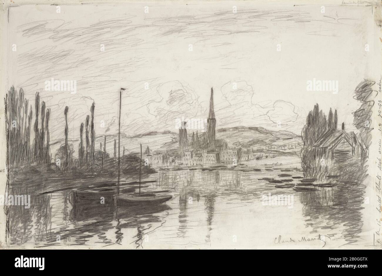 Claude Monet, Französisch, zwischen 1840 und 1926, Blick auf Rouen, 1883, schwarze Kreide auf blauem weißem Gillot Papier, Bild: 12 5/16 x 18 11/16 Zoll. (31,3 x 47,5 cm); Stockfoto