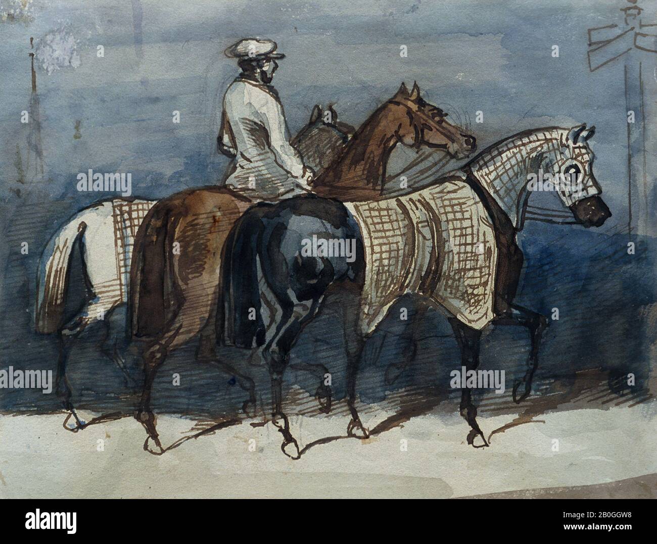 Conantin-Kerle, französisch, 1802-1892, Bräutigam mit Drei Pferden; Verso: Mounted Soldier, vor 1860, Stift und braune Tinte und Aquarell über Bleistift auf blaugrauem Papier, Gesamt: 6 7/16 x 8 1/2 Zoll. (16,4 x 21,6 cm Stockfoto
