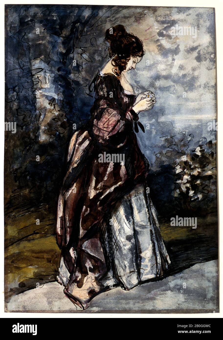 Stil der Conantin-Jungs, französisch, 1802-1892, Dame in einem Garten, 19. Jahrhundert, Stift und schwarze Tinte und Aquarell, teilweise mit Lack bedeckt, auf Papier, Gesamt: 12 3/8 x 8 9/16 Zoll. (31,5 x 21,8 cm Stockfoto