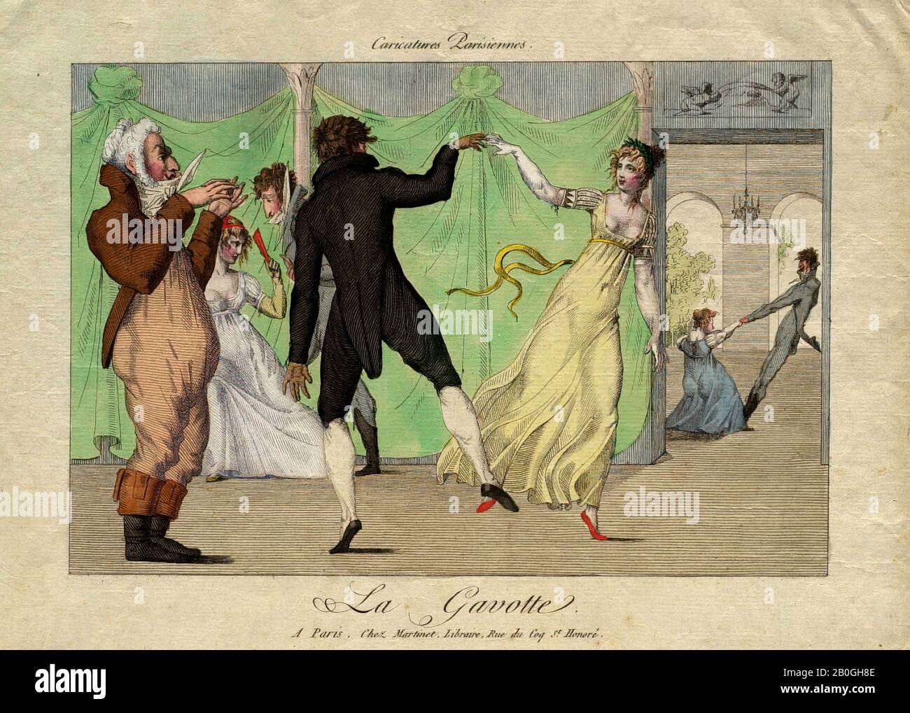 Unbekannt, Karikaturen Parisiennen: La Gavotte, 1700-1899, Handfarbige Radierung auf Papier, Gesamt: 6 3/8 x 9 7/16 Zoll. (16,2 x 24 cm Stockfoto