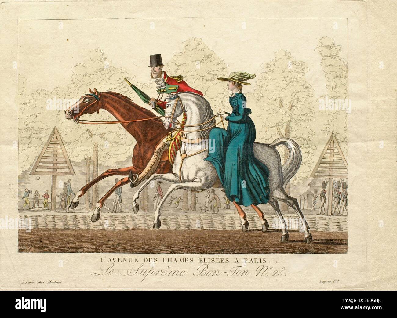 Georges Jacques Gatine, französisch, nach dem Jahr 173, Le Suprême Bon-Ton Nr. 28: L'Avénue des Champs Elisées a Paris, 83-18248, Handfarbige Radierung auf Papier, Bild: 7 3/4 x 10 7/8 Zoll. (19,7 x 27,6 cm Stockfoto