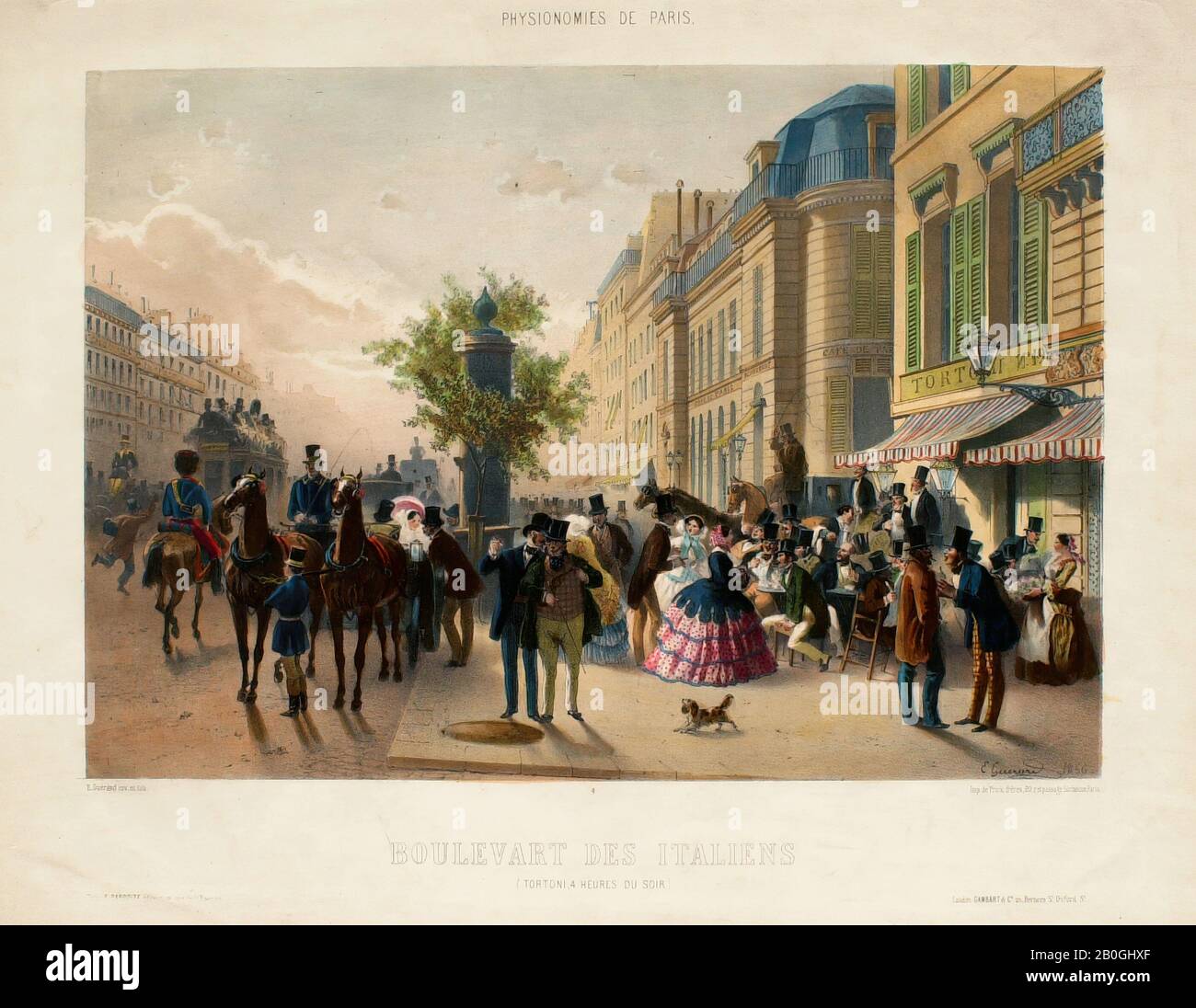 Eugène Charles François Guérard, Französisch, 181-66, Physionomies de Paris #4: Boulevart des Italieners (Tortoni, 4 heures du soir), 1856, Chromolithograph, teilweise handkoloriert, auf Taubpapier, Bild: 11 7/16 x 16 3/8 Zoll (29,1 x 41,6 cm Stockfoto