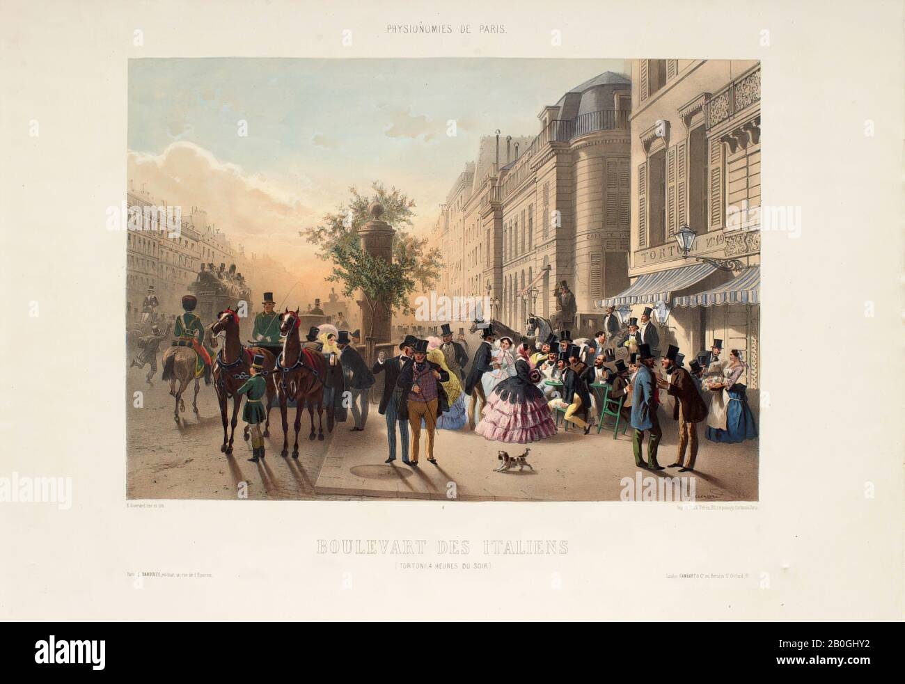 Eugène Charles François Guérard, Französisch, 181-66, Physionomies de Paris #4: Boulevart des Italieners (Tortoni, 4 heures du soir), 1856, Chromolithograph, teilweise handkoloriert, auf Taubpapier, Bild: 11 1/2 x 16 7/16 Zoll. (29,2 x 41,8 cm Stockfoto