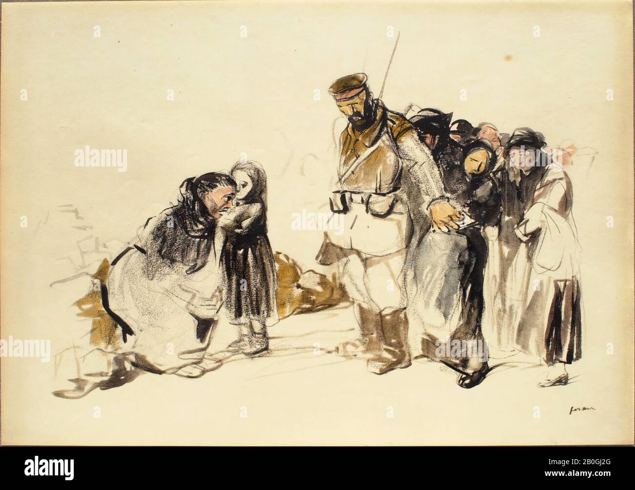 Nach Jean Louis Forain, Französisch, zwischen den Jahren von 1932 und 1931, ohne Titel Zeichnungen des ersten Weltkriegs: Soldat Barring Bauern von Frau und Mädchen, zwischen den Jahren von 21-1931, verarbeitet Léon Marotte Faksimile-Reproduktion auf Papier, nach Crayon und Waschzeichnung von Forain, Blatt: 12 1/8 x 17 1/4 Zoll. (30,8 x 43,8 cm Stockfoto