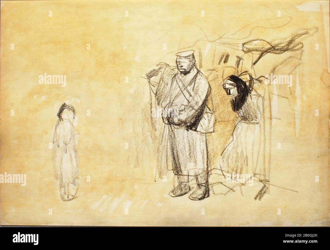 Nach Jean Louis Forain, französisch, von den Jahren von 185-1931, ohne Titel Zeichnungen des ersten Weltkriegs: Soldat, Der Mit Kind Konfrontiert wird, von den Jahren von 21-1931, verarbeitet Léon Marotte die Faksimile-Wiedergabe auf Papier, nach dem Crayon und dem Waschzeichnen von Forain, Blatt: 11 von 13:16 x 17 1/4 Zoll. (30 x 43,8 cm Stockfoto