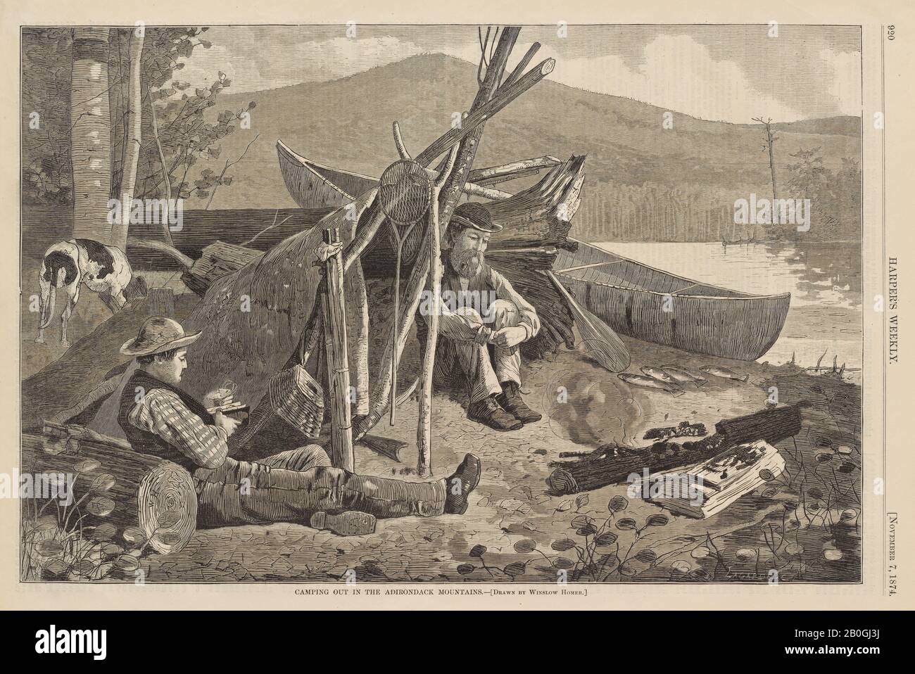 Lagarde, amerikanisch, Nach Winslow Homer, (amerikanisch, 186-1910), Camping Out in the Adirondack Mountains, Ab Harper's Weekly, Bd. 18, 7 Nov. 1874, Holzgravur auf Zeitungspapier, Bild: 9 1/8 x 13 3/4 Zoll. (23,2 x 34,9 cm Stockfoto