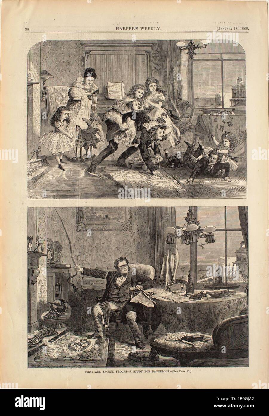 Unbekannte, Erste und Zweite Etage - EINE Studie für Bachelors, Von Harper's Weekly, ab 1868, Holzgravur auf Papier, Bild: 13 9/16 x 9 1/8 Zoll. (34,5 x 23,2 cm Stockfoto