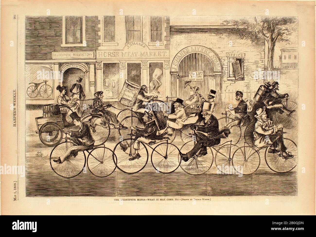 Thomas Worth, Amerikaner, 1839-1917, The Velocipede Mania-What It May Come To!, From Harper's Weekly, 1869, Wood Gravur on Paper, Image: 9 1/8 x 13 3/4 in. (23,2 x 35 cm Stockfoto