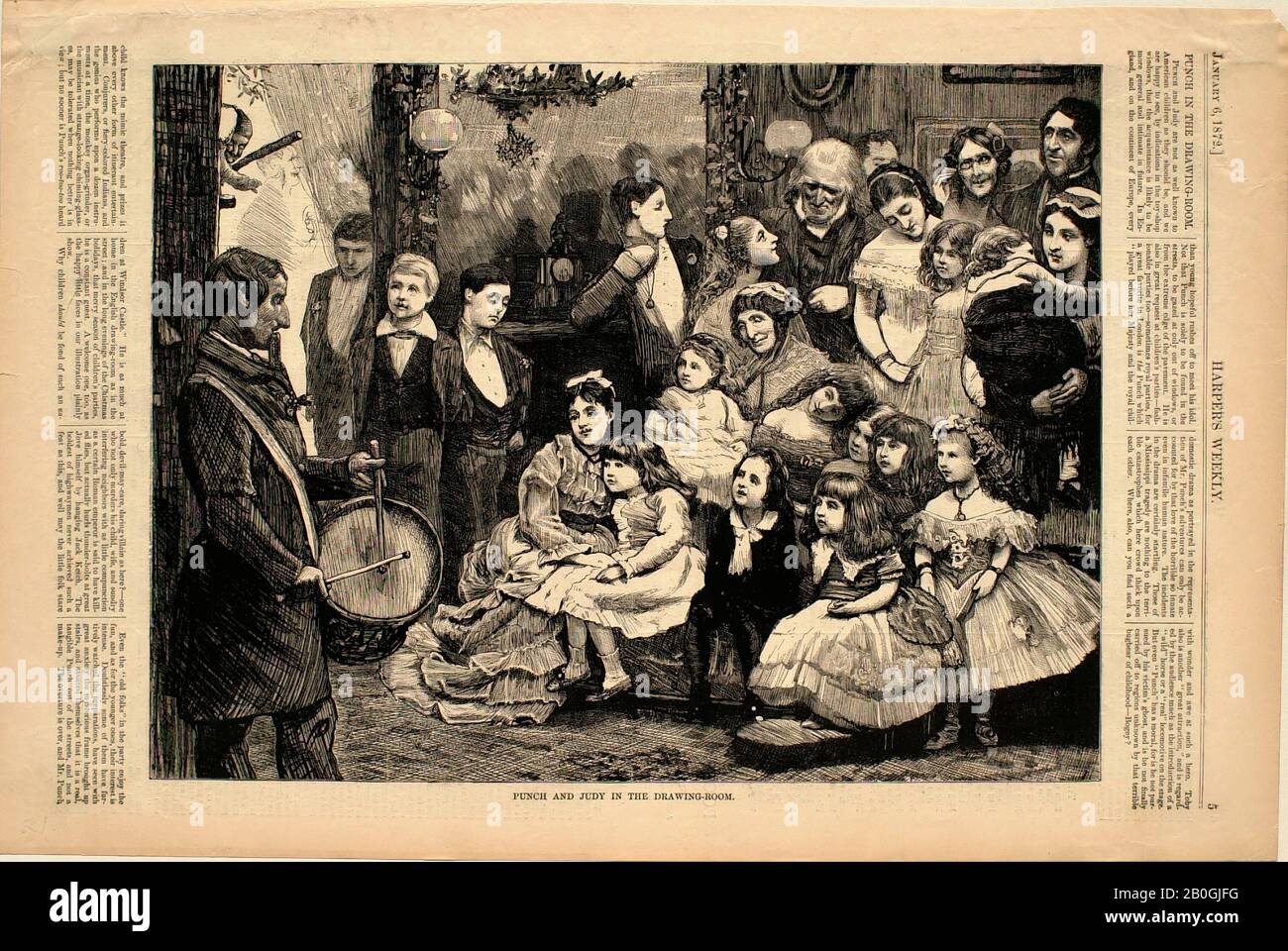 Unknown, Punch and Judy in the Drawing Room, 1872, Holzgravur auf Papier, Bild: 8 7/8 x 11 3/4 Zoll. (22,5 x 29,8 cm Stockfoto