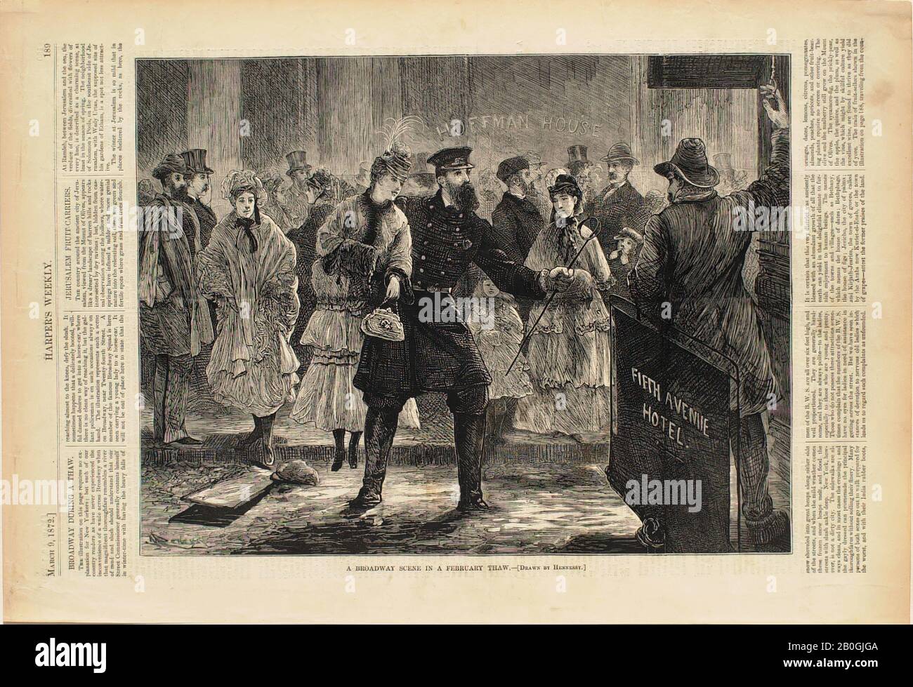 William John Hennessy, Amerikaner, 1832-1917, EINE Broadway-Szene in einem Februartauchgang, 1872, Holzgravur auf Papier, Bild: 8 3/4 x 11 7/16 Zoll. (22,2 x 29 cm Stockfoto