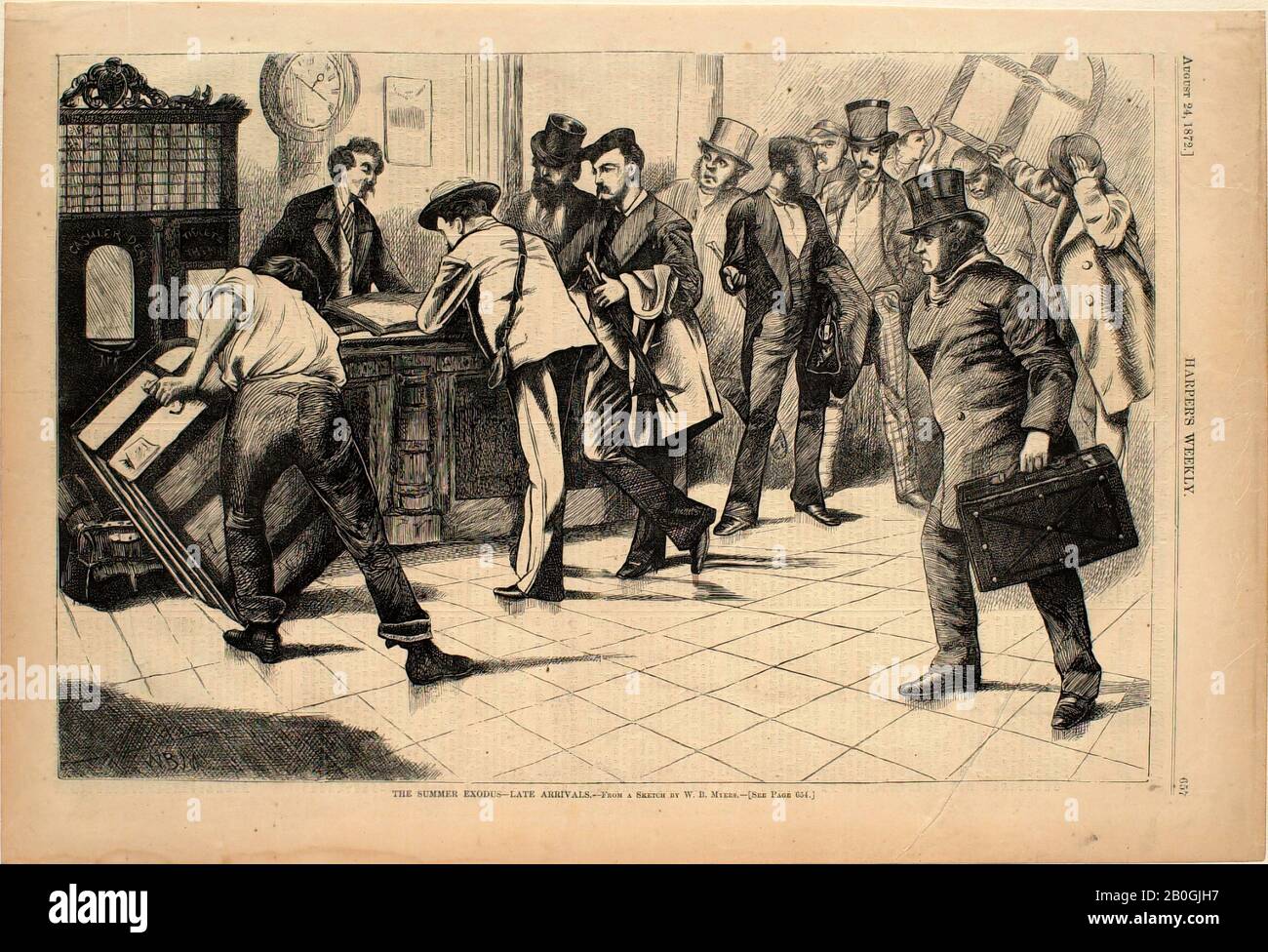 William Barksdale Myers, US-Amerikaner, aktiv 1850-60, The Summer Exodus-Late Arrivals, 1872, Wood Gravur on Paper, Bild: 9 3/16 x 13 13 13 13 13 13 13 13 Zoll. (23,3 x 35,1 cm Stockfoto