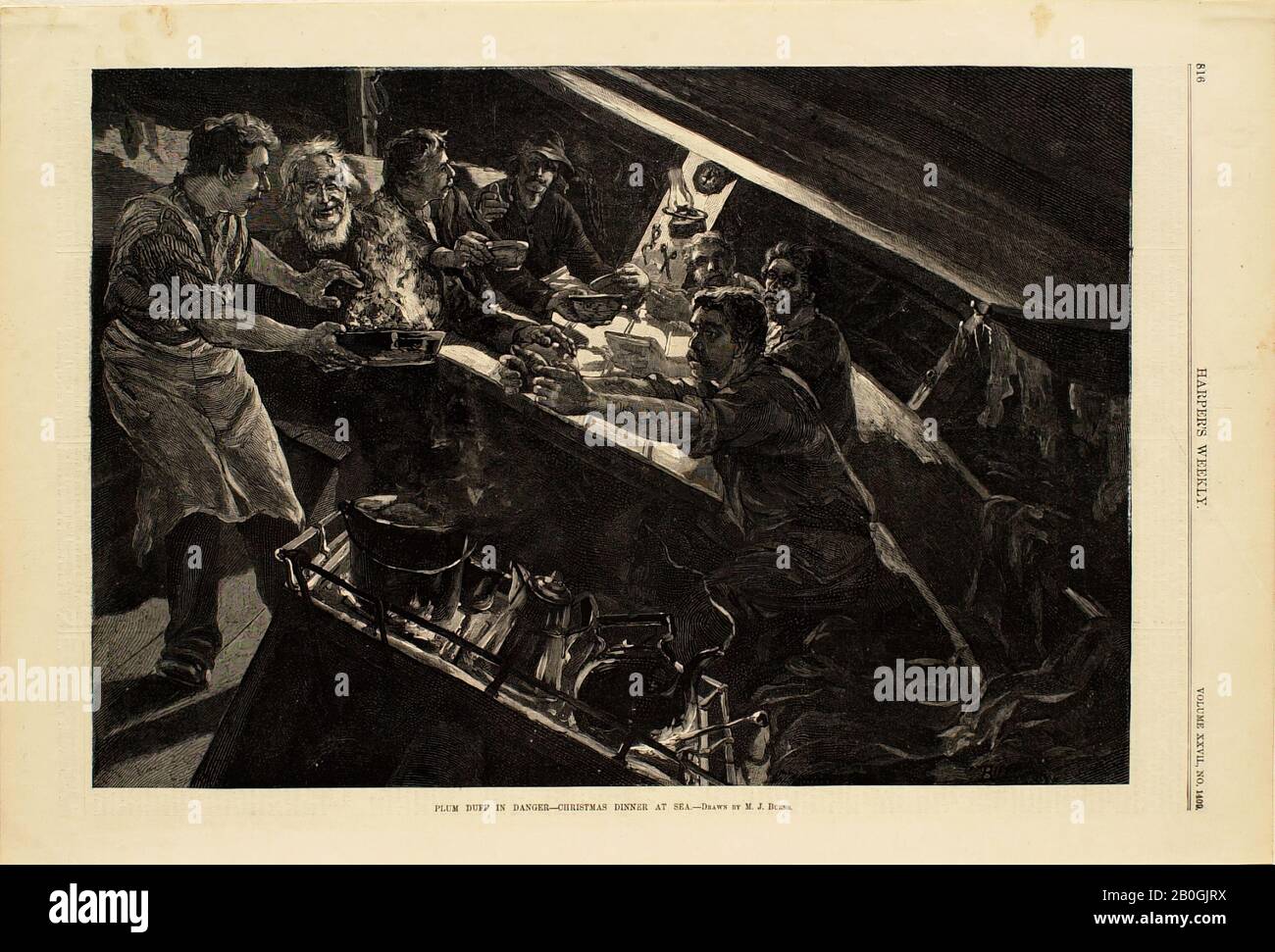 Milton J. Burns, amerikanisch, zwischen 1853-1933, Plum Duff in Danger-Christmas Dinner at Sea, 1883, Holzgravur auf Papier, Bild: 9 x 13 Zoll (22,8 x 33 cm Stockfoto