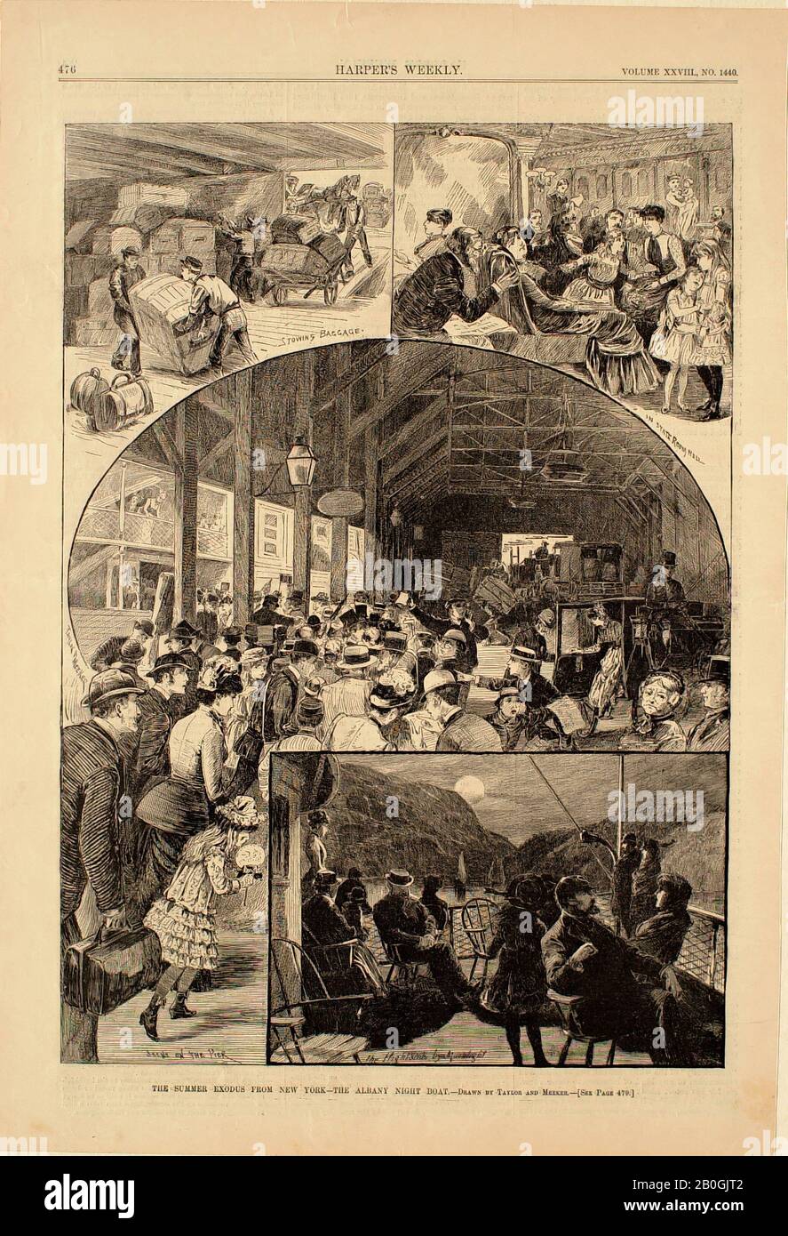 Joseph Rusling Meeker, amerikanisch, 1001-9, John William Taylor, (amerikanisch, 19. Jahrhundert), The Summer Exodus aus New York - The Albany Night Boat, 1880er, Wood Gravur auf Papier, Bild: 13 1/16 x 9 3/16 in. (33,2 x 23,4 cm Stockfoto