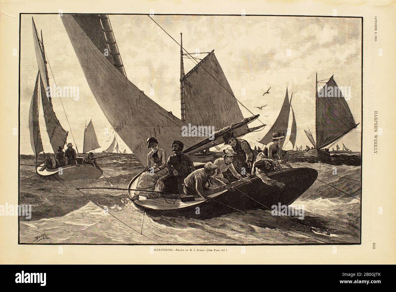 Milton J. Burns, amerikanisch, 2003-1933, Blue-Fishing, 1885, Holzgravur auf Papier, Bild: 9 3/16 x 13 11/16 Zoll. (23,3 x 34,8 cm Stockfoto