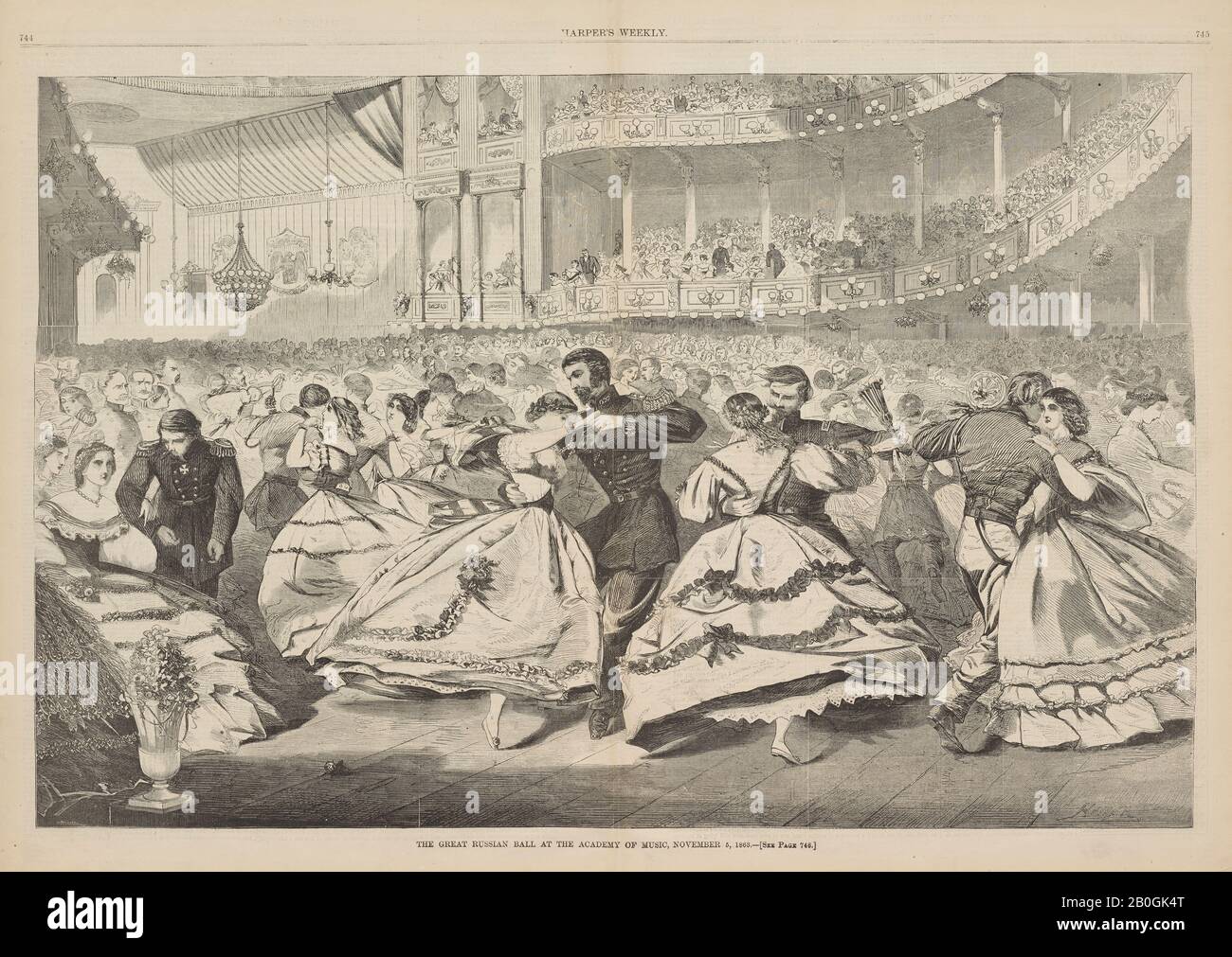 Nach Winslow Homer, amerikanisch, 186-1910, Der Große russische Ball an der Musikakademie, 5. November, von Harper's Weekly, Bd. 7, 21. Nov., im November, Holzgravur auf Zeitungspapier, Bild: 13 3/16 x 20 1/4 Zoll. (33,5 x 51,5 cm Stockfoto