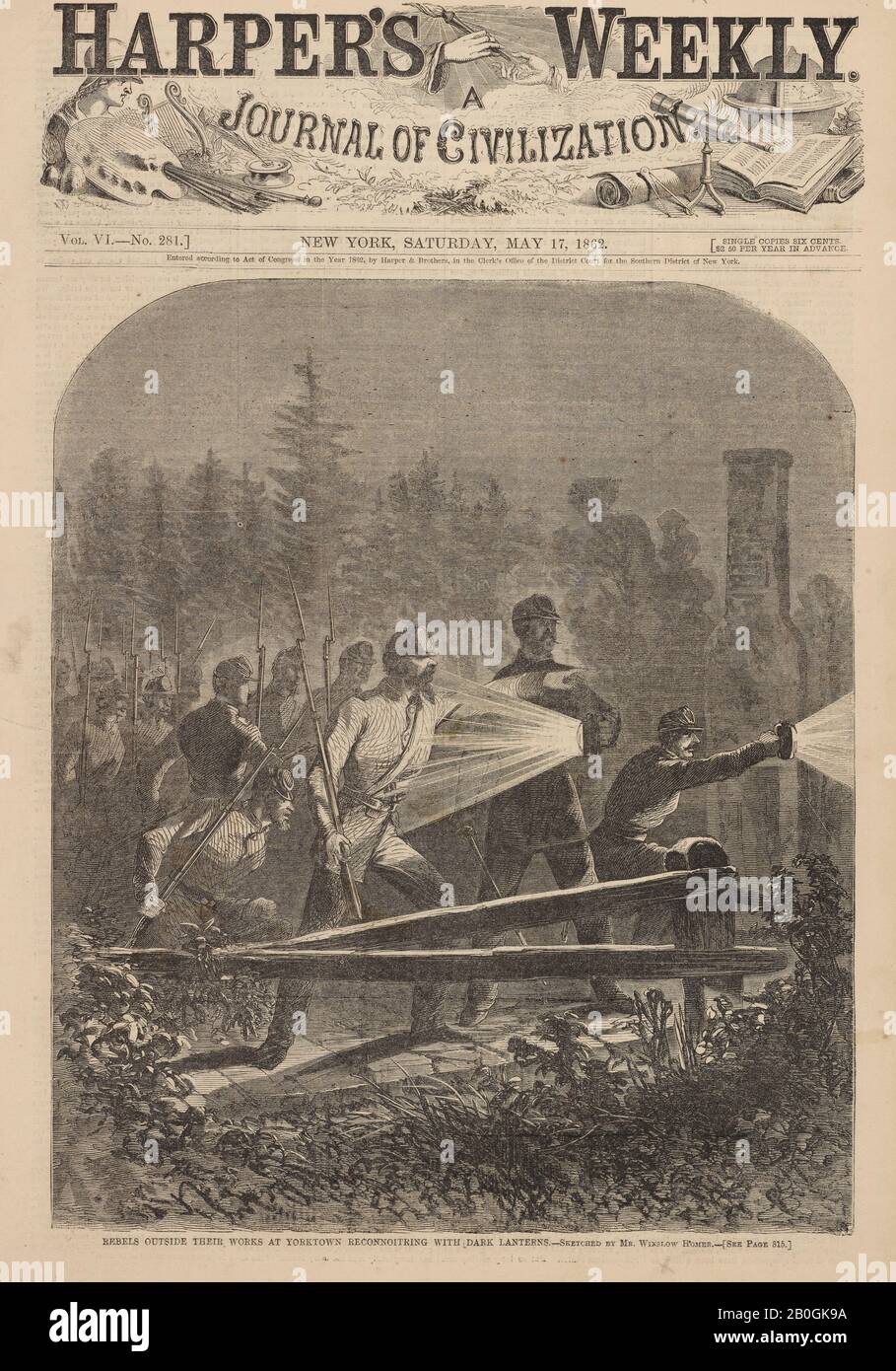 Nach Winslow Homer, amerikanisch, zwischen 186-1910, Rebellen Außerhalb Ihrer Werke in Yorktown, Die Mit dunklen Laternen Umzingelten, Von Harper's Weekly, Bd. 6, 17. Mai 1862, Holzgravur auf Zeitungspapier, Bild: 10 7/8 x 9 3/16 Zoll. (27,7 x 23,4 cm Stockfoto