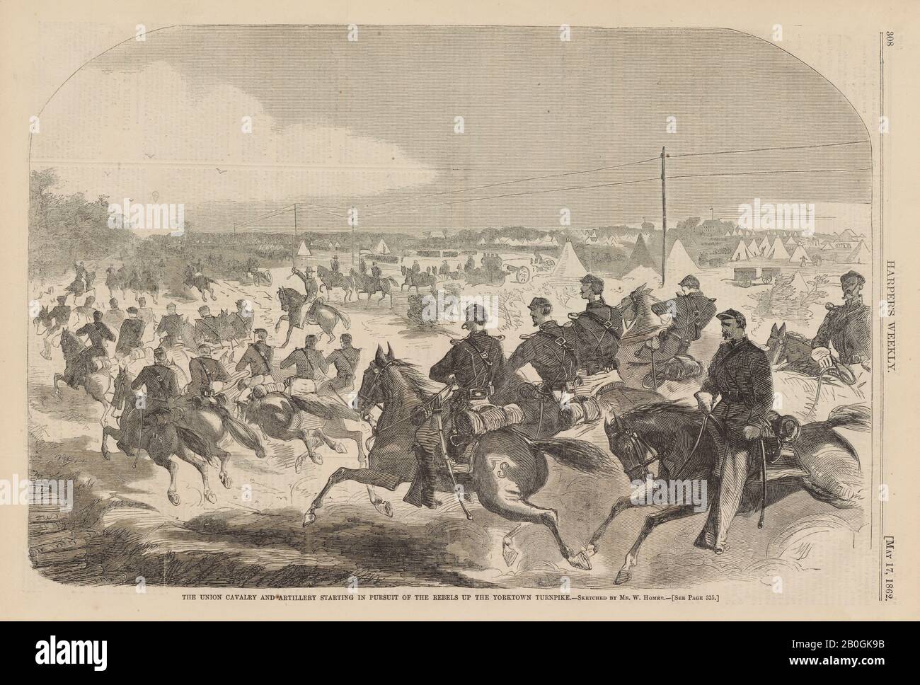 Nach Winslow Homer, amerikanisch, 186-1910, Beginnt Die Union Cavalry and Artillery In Verfolgung der Rebellen auf Yorktown Turnpike, Von Harper's Weekly, Bd. 6, 17. Mai 1862, Wood Gravur auf Zeitungspapier, Bild: 9 3/16 x 13 13/16 in. (23,3 x 35,1 cm Stockfoto