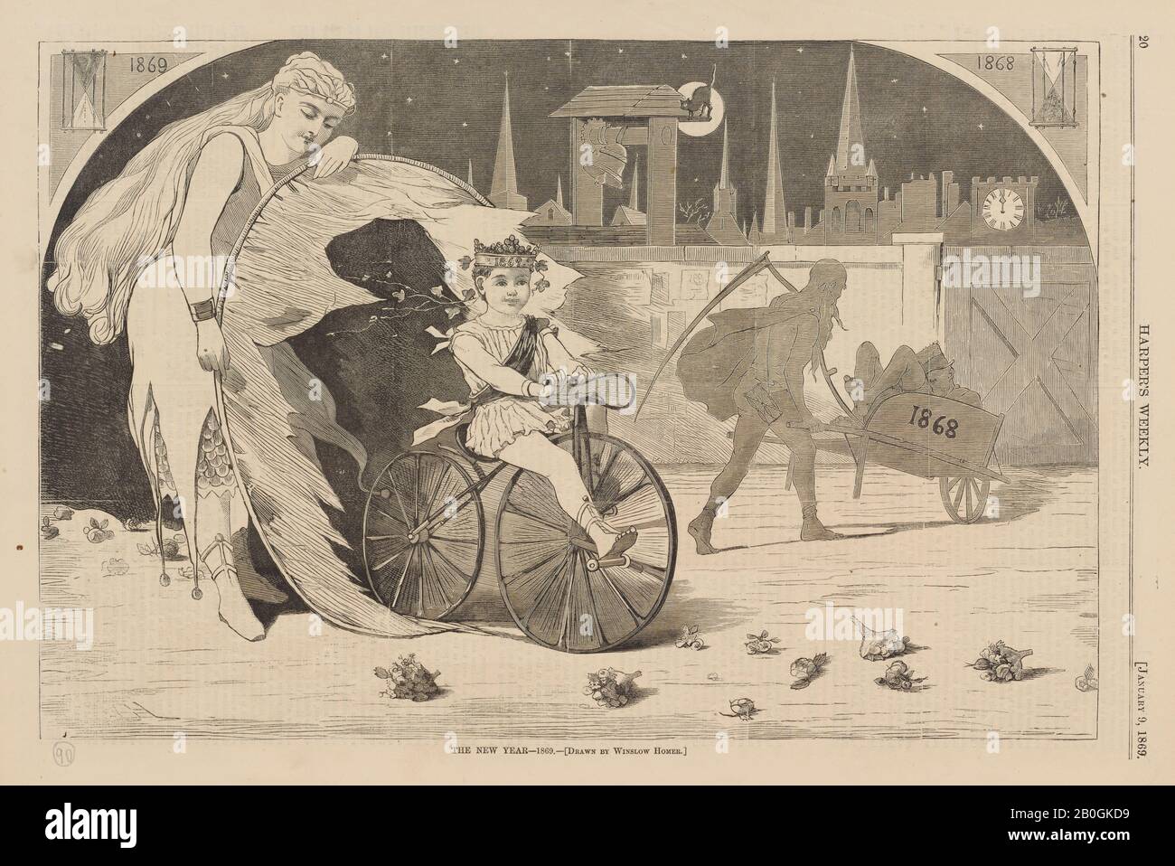 Nach Winslow Homer, amerikanisch, 186-1910, Neujahr-1869, Von Harper's Weekly, Bd. 13, 9. Jan. 1869, Holzgravur auf Zeitungspapier, Bild: 9 1/8 x 13 3/4 Zoll. (23,1 x 34,9 cm Stockfoto
