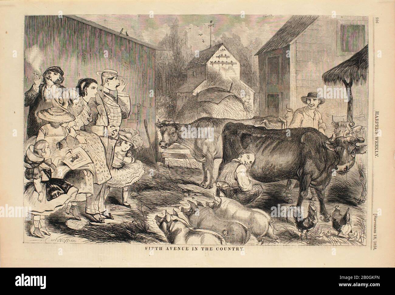 Augustus Hoppin, amerikanisch, 188-1896, Fifth Avenue im Land, 1858, Holzgravur auf Papier, Bild: 9 3/16 x 13 7/8 Zoll. (23,4 x 35,3 cm Stockfoto