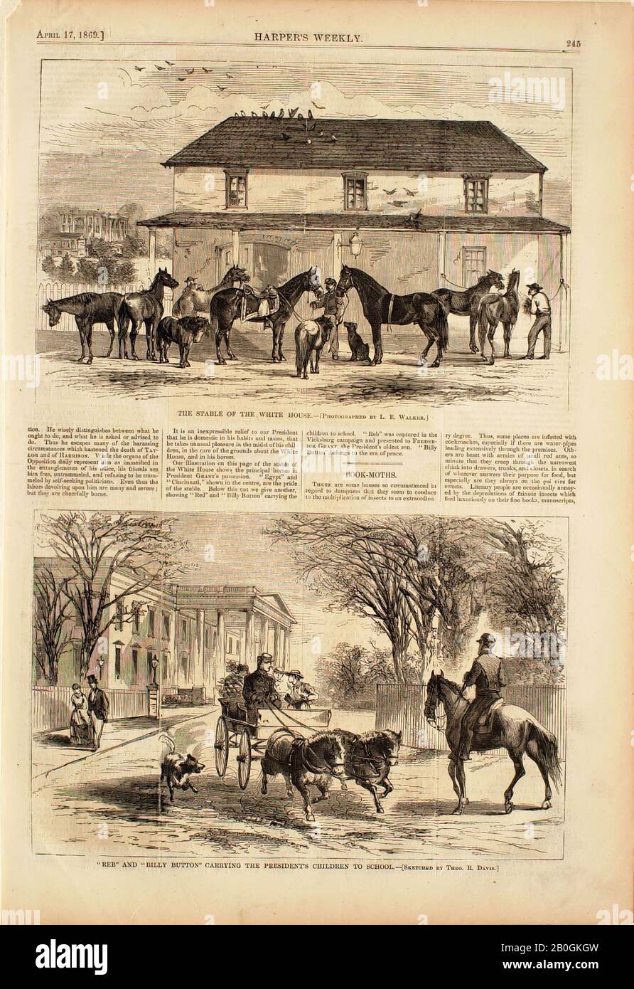 Theodore Russell Davis, amerikanisch, zwischen 1840 und 1894, Lewis E. Walker, (amerikanisch, ca. 1823-1880), Dem Stall des Weißen Hauses, und "Reb" und "Billy Button" Mit den Kindern des Präsidenten, 1869, Holzgravur auf Papier, Blatt: 15 7/8 x 10 7/8 Zoll (40,3 x 27,6 cm Stockfoto