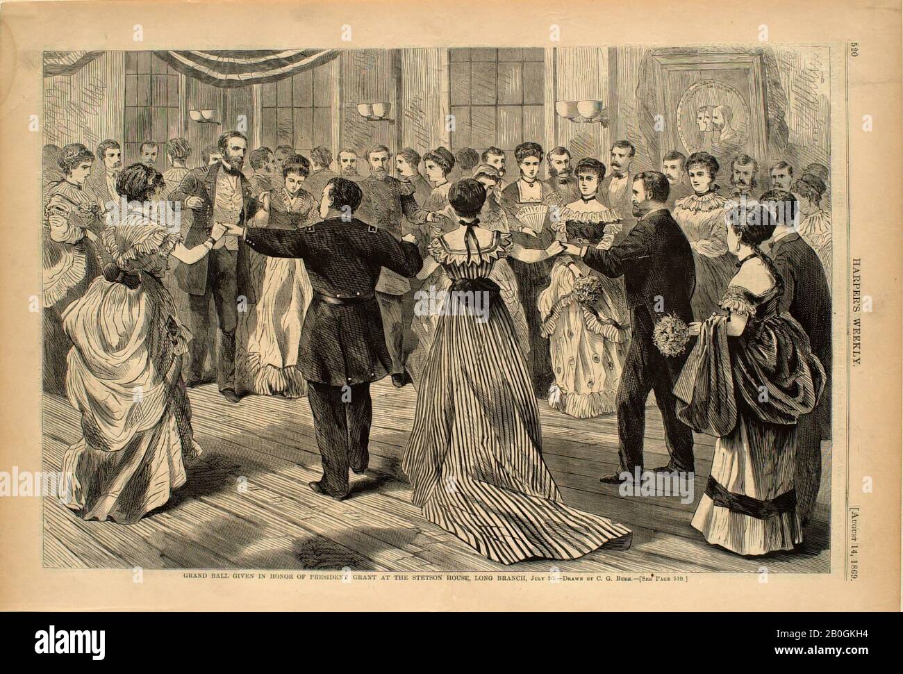 Charles Green Bush, amerikanisch, zwischen dem 26. Juli 1869 und dem 26. Juli 1869, Grand Ball Zu Ehren des Präsidenten Grant im Stetson House, Wood Gravur auf Papier, Bild: 9 1/8 x 13 7/8 Zoll. (23,2 x 35,2 cm Stockfoto